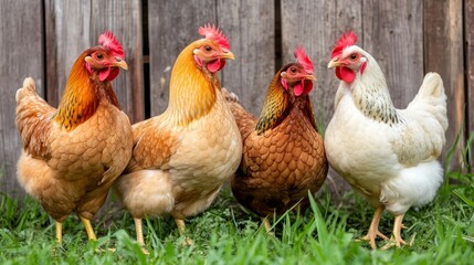 Fototapeta premium Four vibrant chicken standing in a lush green field with a rustic wooden fence in the background