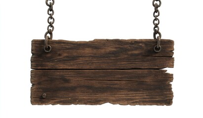 Aged wooden sign hanging on chains.  A weathered, rustic signboard, affixed by chains, against a plain background
