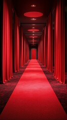 Fototapeta premium Vibrant red corridor leads to an intriguing doorway in an artistic interior space at night