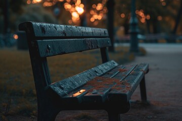 A bench is sitting in a park with a beautiful sunset in the background