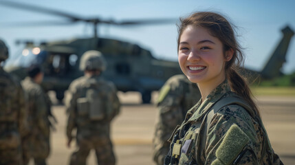 Fototapeta premium A female cadet from the Air Force Academy advances to advanced training after completing primary flight training, overcoming challenges to pursue her blue sky dream.
