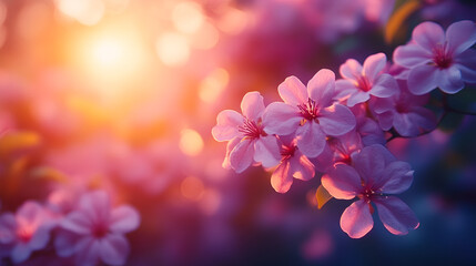 Delicate pink blossoms bathed in the golden sunset glow, a breathtaking spring scene of gentle beauty and renewal.