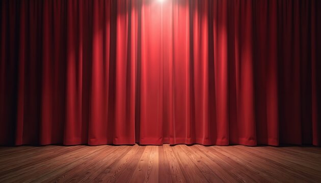 Red theater stage curtains with spotlight illuminating empty wooden floorboards. Stage with red velvet drapes, spot light on wooden floor. Scene before performance. Drama, acting, art, culture,