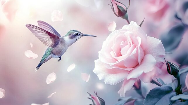 a beautiful hummingbird looks lovingly at a light pink rose, it hovers in flight motionless in front of it