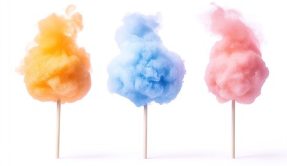 Cotton candy isolated on a white background, three different colors - pink, orange, and blue.