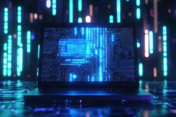 Futuristic laptop displaying glowing blue digital binary code with a circuit design against a dark, neon lit background, symbolizing technology and information processing