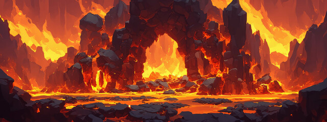 Volcanic archway piercing through molten lava field, revealing intense geological forces and glowing rocky landscape anime style game interface illustration