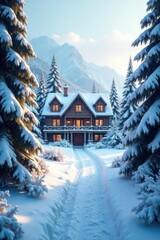 Naklejka premium Snow-covered pine trees surround the luxurious mansion, forest, frosty