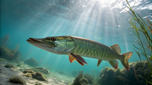 Majestic musky swimming gracefully in clear water showcasing its vibrant colors and sharp features