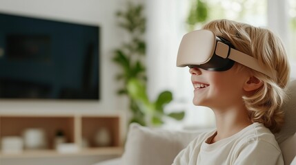 A Boy Immersed: A young boy joyfully experiences virtual reality through modern headset, the depth of the digital realm. Capturing his excitement and the innovative use of technology in everyday life.