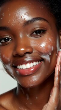 Enjoying a refreshing facial cleanse while smiling and showcasing glowing skin in a vertical format. Ideal for Social Media, Stories, Advertising