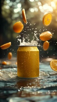Refreshing splash, a drink in metal can of citrus with a burst of flavor and vibrant colors on a summer day. Ideal for Social Media, Stories, Advertising