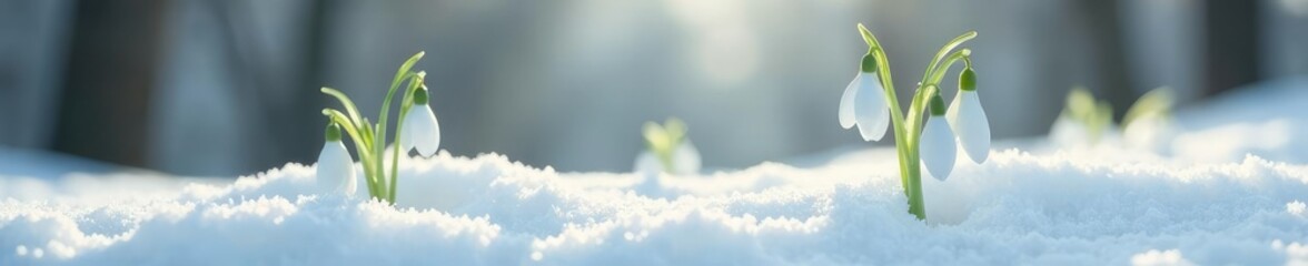 Fototapeta premium Snowdrops rising from the earth on a white surface, pale, frosty, serene