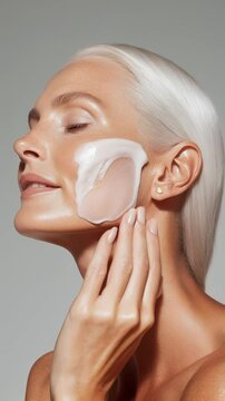 Skincare routine featuring cream applied on glowing skin for radiant appearance. Ideal for Social Media, Stories, Advertising