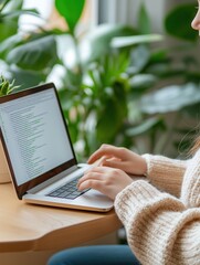 Coding Amidst Greenery: A person intently focused on coding, fingers dancing across the keyboard of a laptop, nestled within a cozy interior space filled with lush plants.
