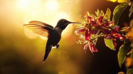 Fototapeta premium A close-up cinematic shot of a hummingbird delicately feeding on nectar from a vibrant flower. The background features a softly blurred silhouette 