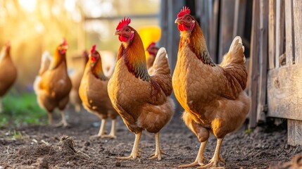 Fototapeta premium A group of chicken walking on a farm at sunset, with a rustic barn in the background