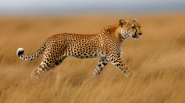 A graceful cheetah glides through the golden savanna grasslands, its spotted coat blending seamlessly with the sunlit landscape.