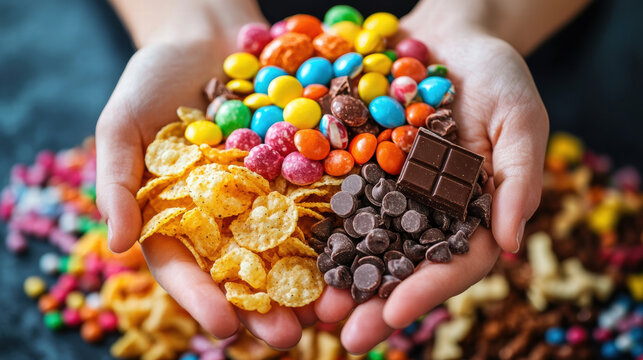 Ultra-processed foods concept. Hands holding pile of processed snacks, colorful chips, candy, chocolate bars