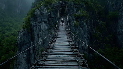 Misty Mountain Suspension Bridge Through Lush Jungle