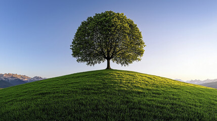 Obraz premium solitary tree stands majestically on lush green hill under clear blue sky