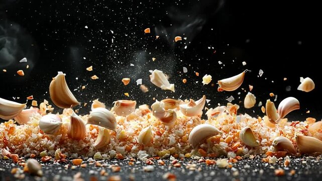 Spice Explosion: A captivating image of garlic cloves and granules in mid-air, against a dramatic backdrop.