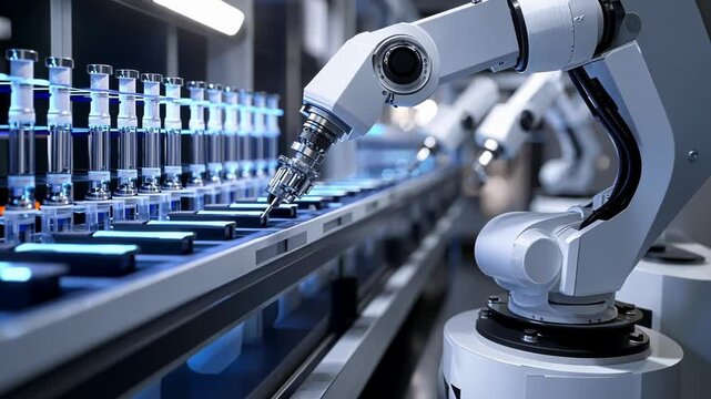 A closeup of a highthroughput realtime PCR machines sample loading area featuring an automated liquid handling system. The image depicts robotic arms poised to insert PCR tubes showcasing