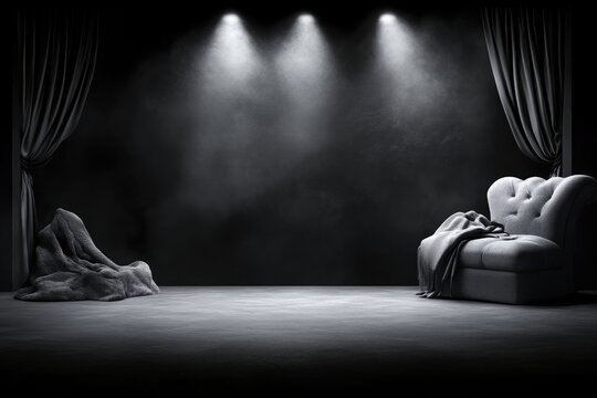 Dark stage with couch under spotlights
