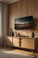 Modern living room with wooden wall and TV