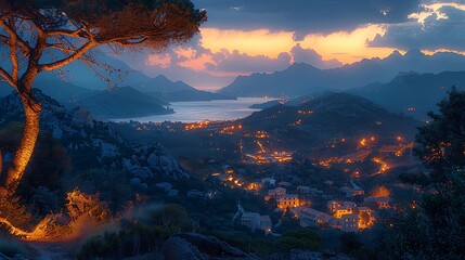 Naklejka premium Serene twilight landscape overlooking a coastal village with illuminated buildings and mountains