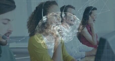 Customer service team working with digital brain network overlay animation - Powered by Adobe