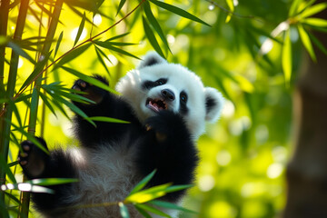 Fototapeta premium Adorable Baby Panda Sitting Peacefully in a Natural Habitat, Showcasing Its Fluffy Fur, Cute Expressions, and Playful Charm in a Serene Wildlife Setting