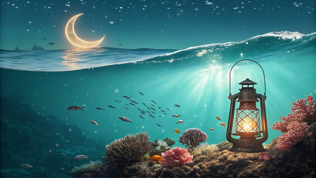 eid mubarak mashjid mooon background image, Islamic Lantern lamp with crescent moon, ramadan kareem style editable template background, Eid Mubarak Greeting Background