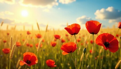 Fototapeta premium Sunlit wheat stalks, vivid poppies interspersed , wildflowers, field