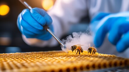 A scientist carefully examines bees on a honeycomb, showcasing meticulous research in a lab