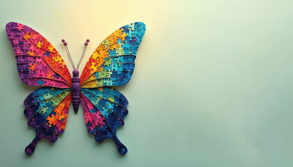 Autism awareness day banner. Butterfly created from multicolored jigsaw puzzle pieces, diversity, support for autistic individuals. Symbolic illustration perfect for events, educational materials,