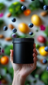 Hand holding black jar with blueberries floating around, at background colorful fruits and vegetables. Ideal for Social Media, Stories, Advertising