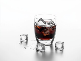 Dark Brown Carbonated Drink with Ice Cubes in Rocks Glass
