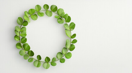 Obraz premium Verdant crafted frame green four leaf clover wreath circular from overlapping, symbolizing natural harmony against pristine white surface for a postcard for Patrick's Day