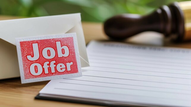 Close-up of a glowing envelope with a "Job Offer" stamp on a clean desk, symbolizing career opportunity and new beginnings in professional life.