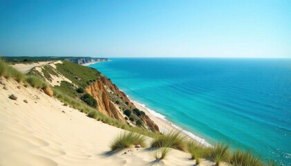 Obraz premium Vast blue Lake Michigan stretches to horizon from dramatic dune viewpoint, outdoor, sunset, beach
