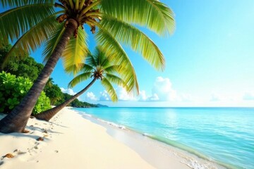 Fototapeta premium Palm trees sway gently, soft sand meets crystal clear water , sand, sky