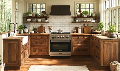 Rustic Farmhouse Kitchen Featuring Warm Lighting and Wooden Cabinets