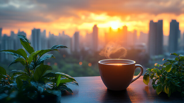 A serene sunrise cityscape viewed from a balcony, a steaming mug of coffee rests on a dark wood surface alongside vibrant green plants, capturing the peace of a new day.