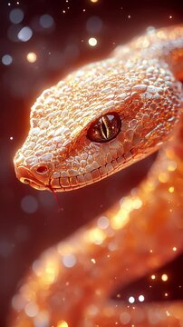 Close-up of a golden snake showcasing intricate scales and vibrant colors in a mystical environment. Ideal for Social Media, Stories