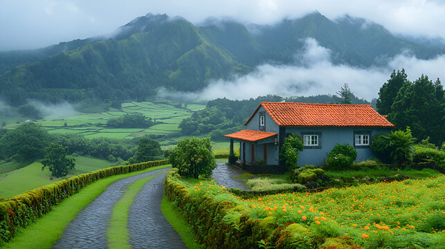 A charming blue house nestled in a vibrant green valley, overlooking misty mountains, with a winding stone path leading to its doorstep.