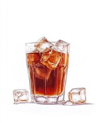 Refreshing Brown Carbonated Drink with Ice Cubes in Glass