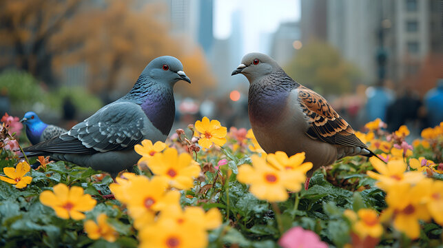 Two city pigeons nestled amidst vibrant yellow flowers, a gentle urban moment captured in soft natural light.