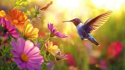 Fototapeta premium A hummingbird hovering near vibrant flowers, photo-realistic, high resolution, beautiful, vibrant colors, natural lighting, macro lens, high detail, high definition