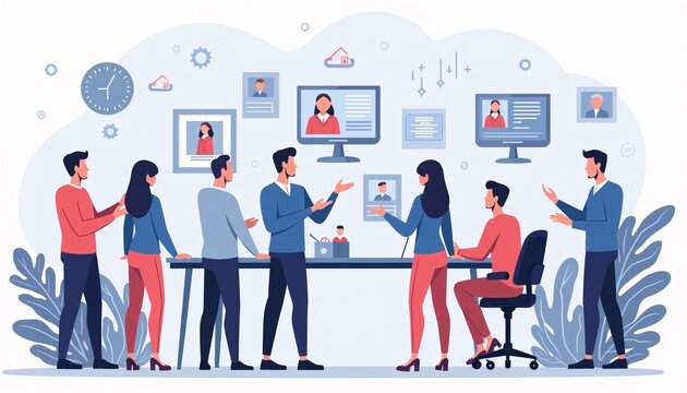 A detailed illustration of an e commerce customer support team assisting users.